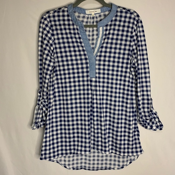 Eden & Olivia Shirt Size S Blue Plaid Long Sleeve Roll Tab Sleeves Anthropologie - Picture 1 of 11